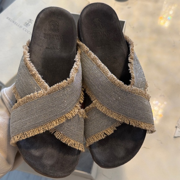Brunello Cucinelli Gray and Tan Fringe Sandals - Picture 6 of 8
